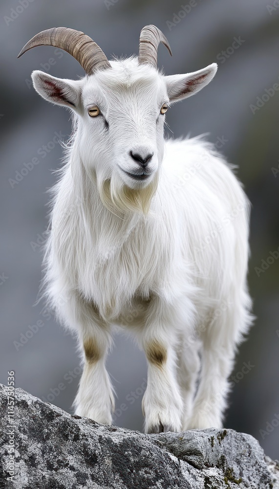 Fototapeta premium A white goat stands on a rock, showcasing its majestic horns and fluffy coat.