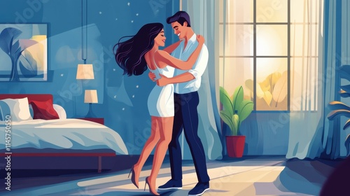 Young couple lover enjoy dancing together in bedroom, concept of couple relationship and lifestyles