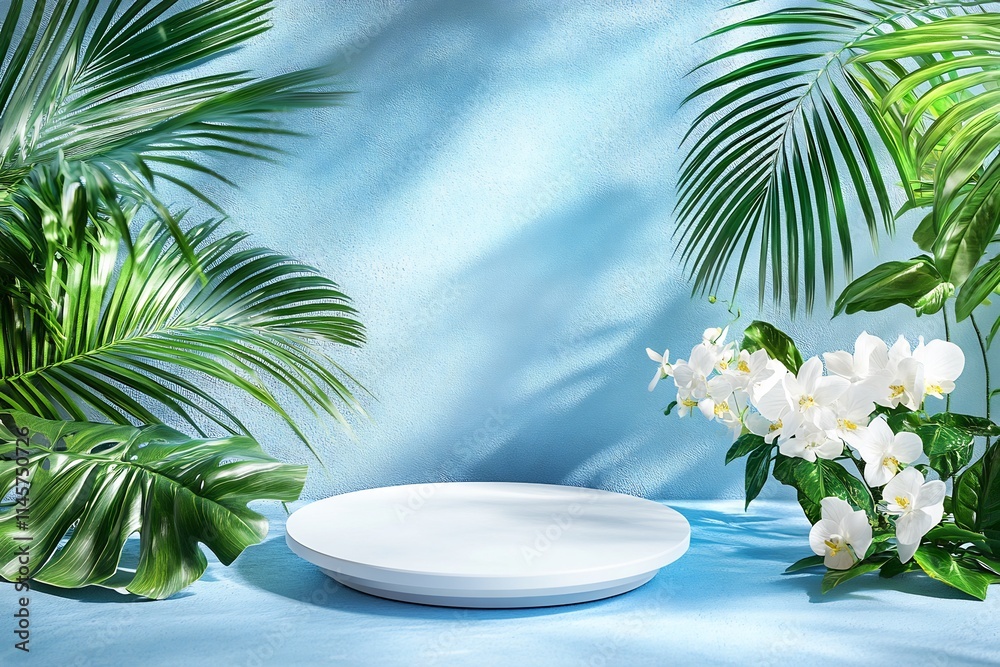 White round podium with tropical leaves and orchids on blue background. White round podium with tropical leaves and orchids on blue background.
