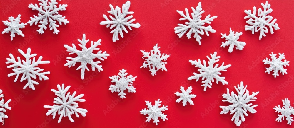 White snowflakes arranged artistically on a vibrant red background showcasing winter's beauty and festive spirit in a striking contrast. White snowflakes arranged artistically on a vibrant red background showcasing winter's beauty and festive spirit in a striking contrast.