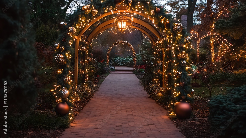 Fototapeta premium Illuminated pathway archway decorated with Christmas lights and ornaments.