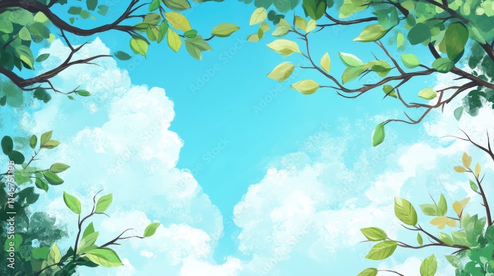 Springtime foliage framing a bright blue sky with fluffy clouds depicting a serene and vibrant natural landscape.
