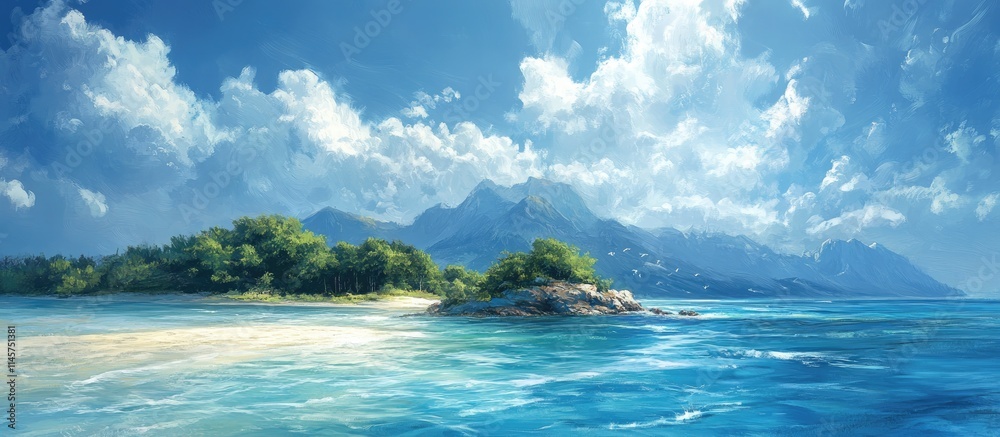 Fototapeta premium Serene island landscape with clear turquoise waters and majestic mountains under a bright blue sky