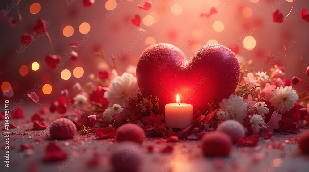 Big red heart with candle on romantic background. Valentine's Day card Big red heart with candle on romantic background. Valentine's Day card