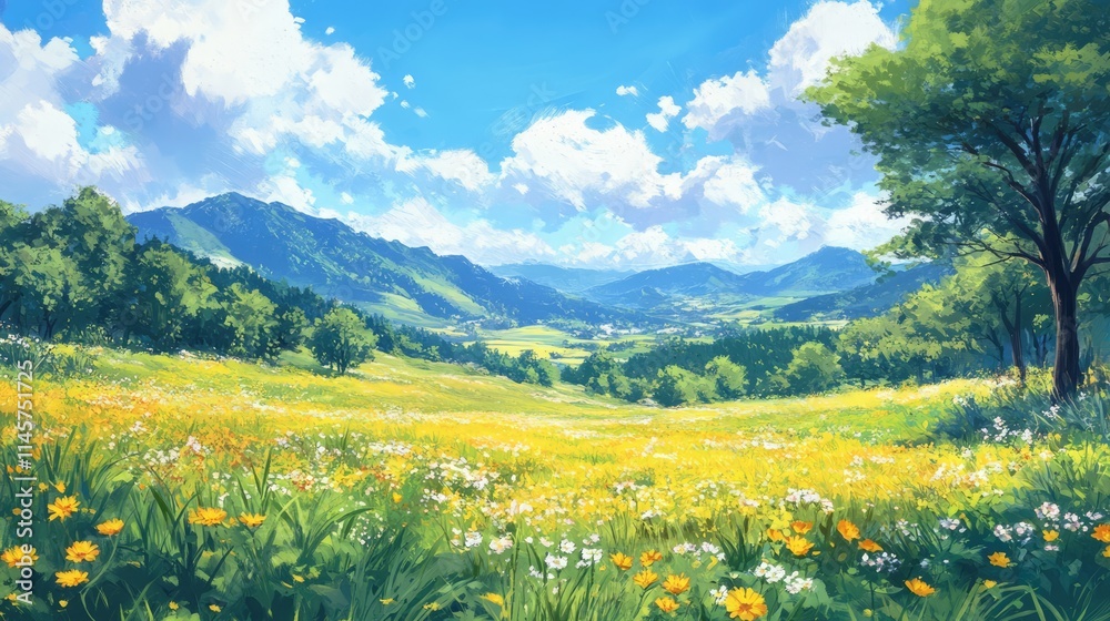 Obraz premium Vibrant meadow landscape adorned with yellow wildflowers under a bright blue sky and fluffy clouds in a serene natural setting