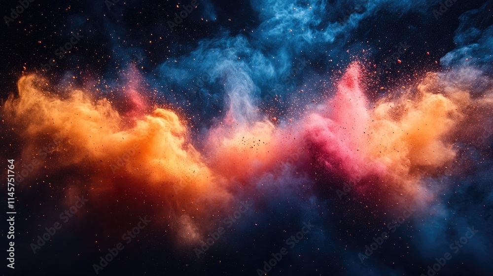 Fototapeta premium Vibrant color cloud explosion with dynamic freeze motion of dust particles against a dramatic dark backdrop creating an artistic visual effect