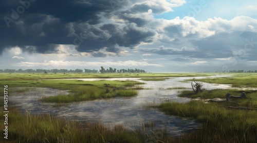 Tranquil wetlands and lush meadows under a dramatic cloudy sky reflecting serene natural beauty and biodiversity. photo