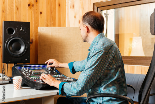 Obraz na plátně Balding Musician Fine-Tuning Sound at Mixing Table in a Cozy Recording Studio Se