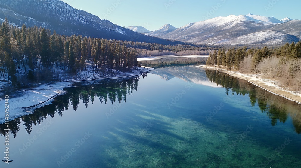 Fototapeta premium Calm winter lake reflecting snow-capped mountains and pine trees.