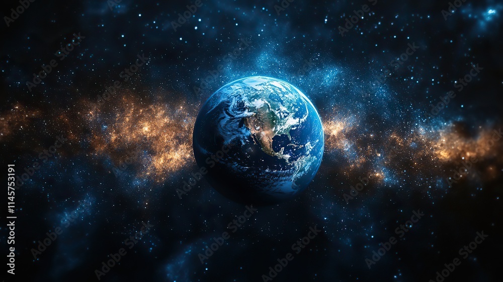 Fototapeta premium Earth orbits in space against a dark galaxy background, representing adventure, exploration, and the wonders of astronomy and the cosmos.