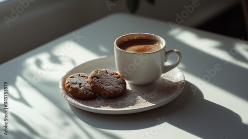 
Hot chocolate and gingerbread cookies at white table. photo