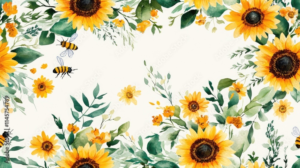 Obraz premium Vibrant sunflower and greenery watercolor pattern with honeybees ideal for textile and stationery design showcasing nature's beauty