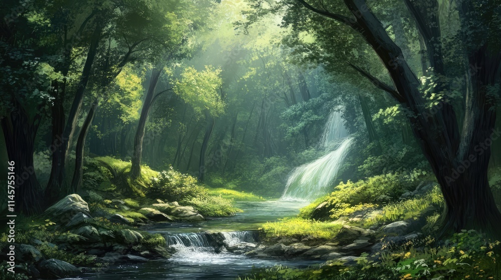 Serene forest landscape with a gentle waterfall surrounded by lush greenery and soft sunlight filtering through the trees Serene forest landscape with a gentle waterfall surrounded by lush greenery and soft sunlight filtering through the trees