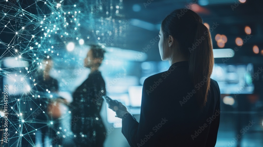 Woman Exploring Futuristic Network Interface