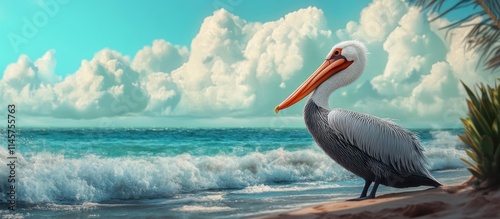 Pelican bird standing gracefully on a sandy beach with ocean waves and vibrant clouds in the background
