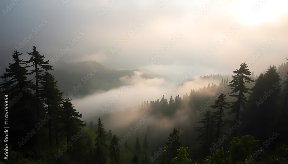 Misty Mountain Forest Sunrise Illuminates Conifers Misty Mountain Forest Sunrise Illuminates Conifers