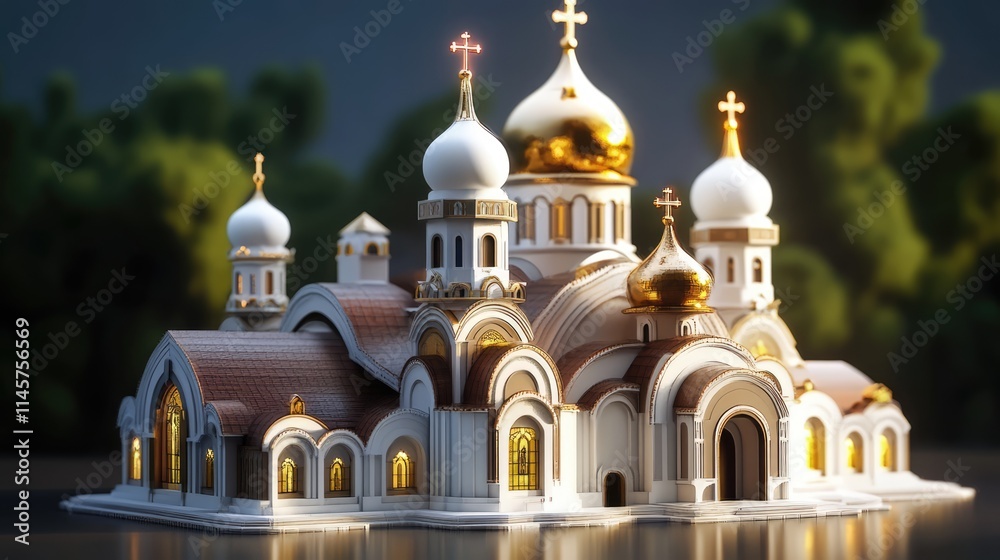 Obraz premium Orthodox Cathedral with Golden Domes and Intricate Architecture Surrounded by Lush Greenery in Soft Natural Lighting