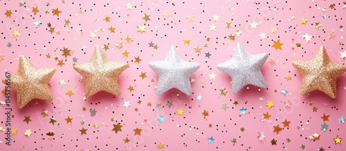 Gold and silver star confetti on a pink background creating a festive atmosphere for celebrations and special events photo