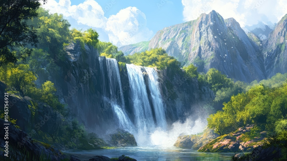 Majestic waterfall cascading into a serene brook surrounded by lush greenery and towering mountains under a clear blue sky. Majestic waterfall cascading into a serene brook surrounded by lush greenery and towering mountains under a clear blue sky.