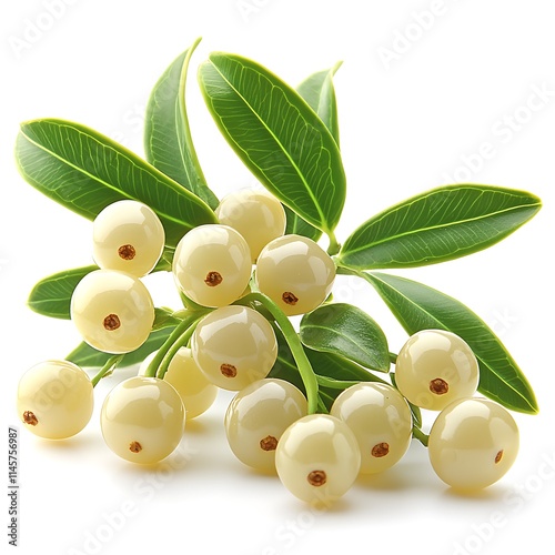 Creamy Holly Berries: Close-up of a cluster of creamy white holly berries with vibrant green leaves, evoking a sense of natural elegance and festive cheer. photo