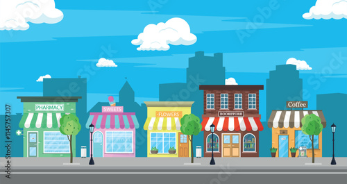 Set of buildings. Pharmacy, confectionery, flower and bookstore, coffee shop. City buildings.