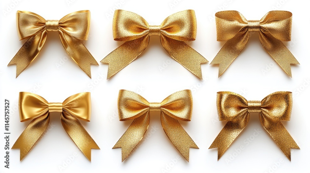 Assorted golden ribbons in various styles isolated on white background for festive decoration and creative design purposes Assorted golden ribbons in various styles isolated on white background for festive decoration and creative design purposes