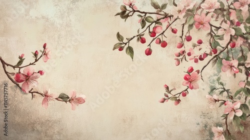 Delicate vintage apple blossom branches against a textured background evoking spring's natural beauty and tranquility