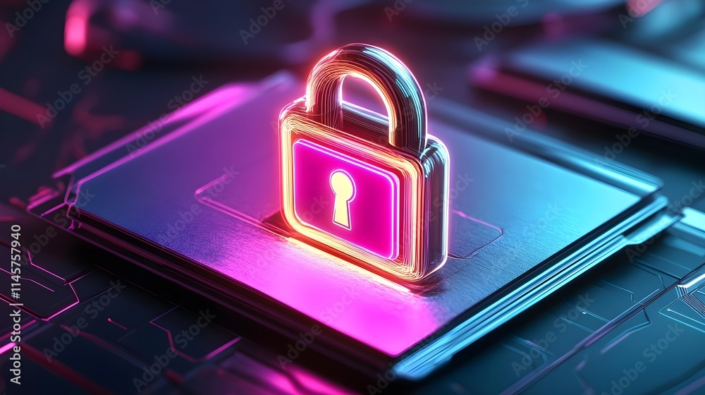 neon padlock cyber security concept - neon and glowing effects neon padlock cyber security concept - neon and glowing effects