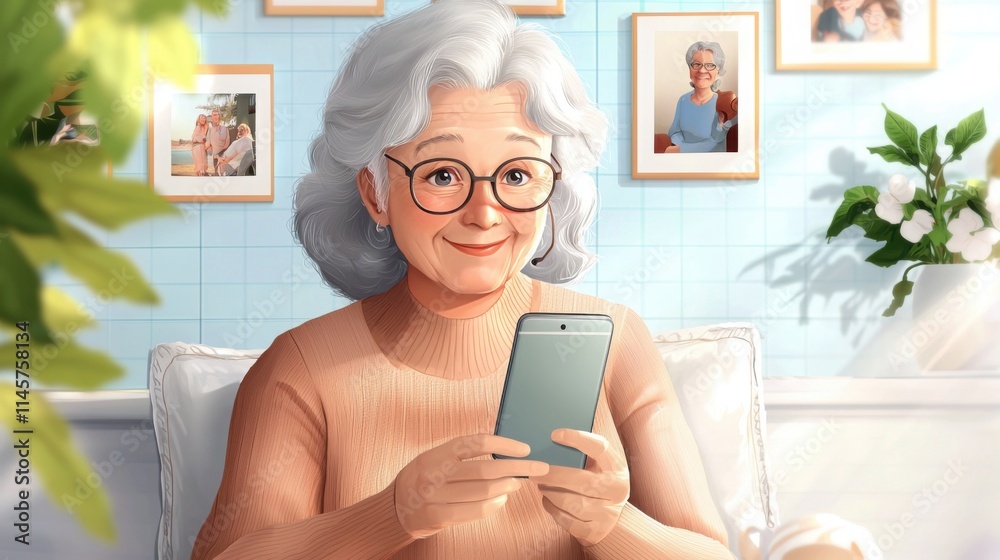 A happy elderly woman holding a smartphone, engaged in a video call A happy elderly woman holding a smartphone, engaged in a video call