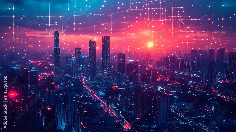 Futuristic Cityscape Illuminated Network Connections At Sunset Futuristic Cityscape Illuminated Network Connections At Sunset