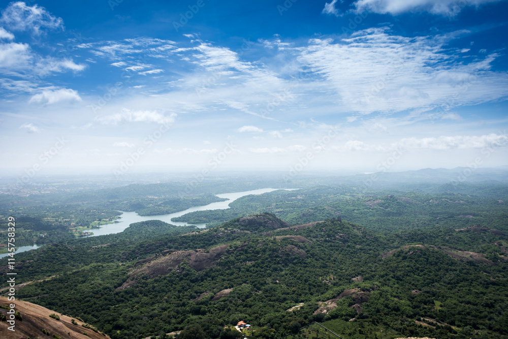 Naklejka premium View of arkavathi river from Savandurga hills, it is situated at 60 km west of Bengaluru, Karnataka, India. It is the largest monolith hills in Asia famous for trekking, rock climbing and a pilgrim.