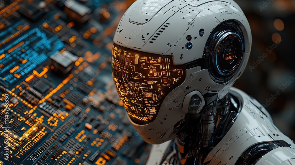 Fototapeta premium Futuristic tech and CPUs represent robotics, mechanics, engineering, operating systems in science, innovation, cloud computing, research for industry development, and machines due for service.