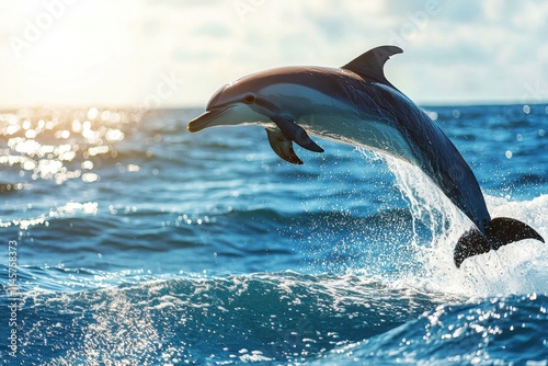 A dolphin leaps gracefully out of the vibrant ocean water, showcasing its agility and beauty in a stunning display of nature. photo