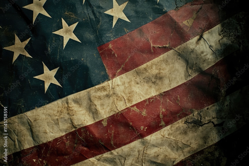 Fototapeta premium Close-up detail of a heavily worn and stained American flag.