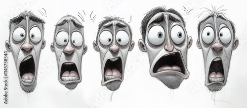 Diverse facial expressions showcasing a range of emotions including fear and surprise in a stylized cartoon illustration. photo