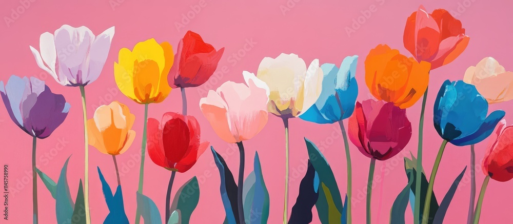 Colorful tulip flowers displayed on a vibrant pink background creating a cheerful and inviting springtime atmosphere Colorful tulip flowers displayed on a vibrant pink background creating a cheerful and inviting springtime atmosphere