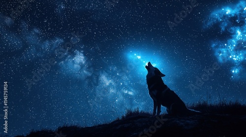 A lone wolf howling at a starry night sky, surrounded by glowing celestial elements, evoking a sense of mystery and wilderness. photo