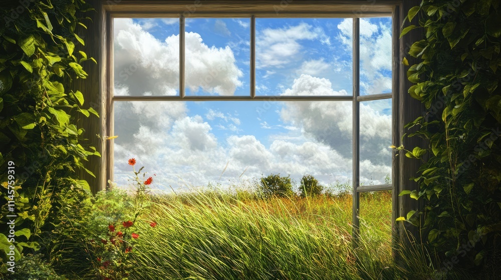 Naklejka premium Serene view through a window showcasing lush grass, vibrant flowers, and a beautiful sky with fluffy clouds in a peaceful garden setting.