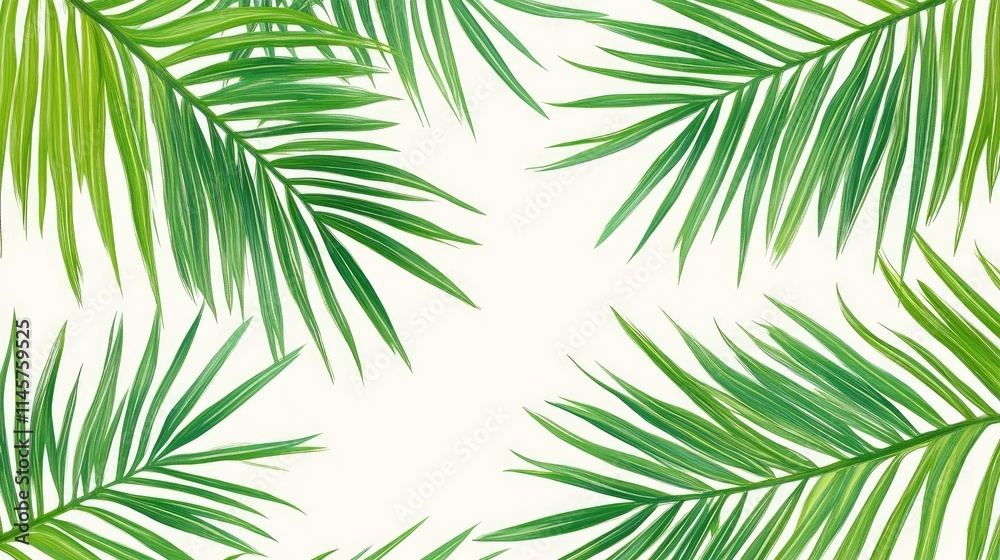 Vibrant green palm leaf pattern on a light background creating a tropical and fresh atmosphere for design and decor projects Vibrant green palm leaf pattern on a light background creating a tropical and fresh atmosphere for design and decor projects
