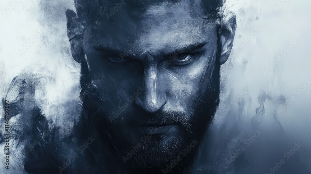 Captivating portrait of a bearded man exuding intensity and mystery with an artistic smoky background effect Captivating portrait of a bearded man exuding intensity and mystery with an artistic smoky background effect