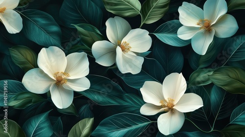 Wallpaper Mural Elegant white blooms surrounded by rich green foliage in a lush botanical composition. Torontodigital.ca