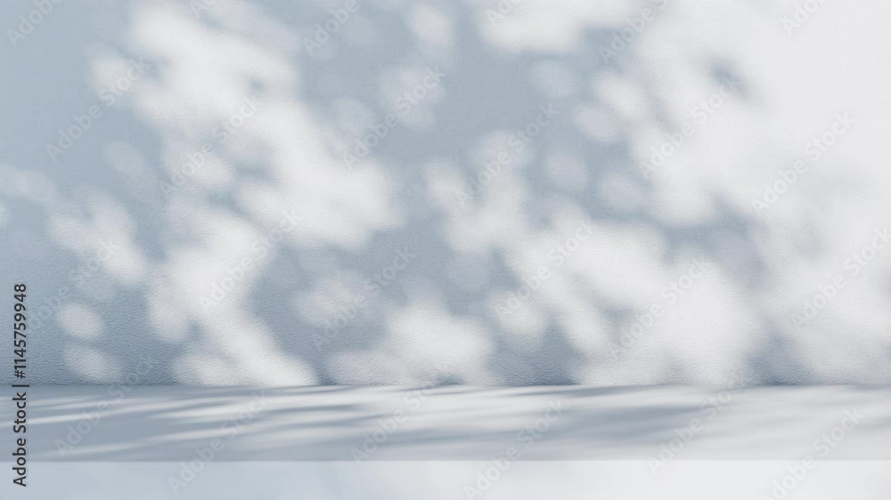 Closeup Tree shadows dancing on white wall texture empty space. 3D animation.