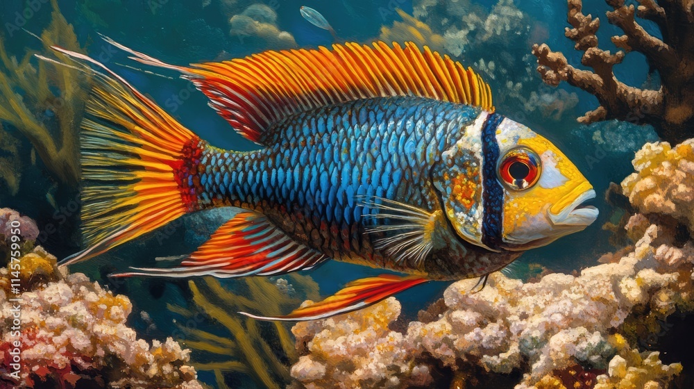 Obraz premium Vibrant Dimidiochromis Compressiceps Swimming Among Colorful Coral Reef Life