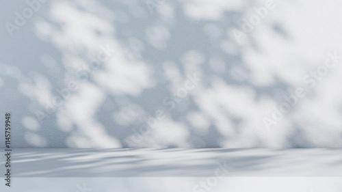 Closeup Tree shadows dancing on white wall texture empty space. 3D animation.
