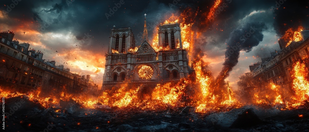 Cathedral engulfed in flames during dark chaos. Cathedral engulfed in flames during dark chaos.