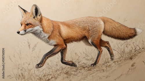 Vulpes vulpes illustration depicting Ezo red fox in natural setting showcasing detailed fur patterns and agile movement photo