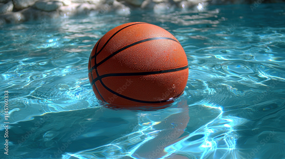 Orange basketball floating in a blue swimming pool. Orange basketball floating in a blue swimming pool.