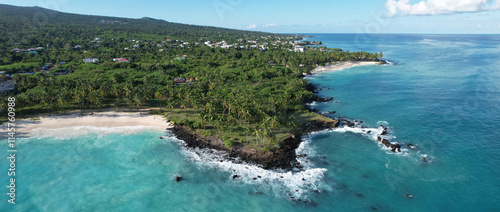 Beach, palm trees and volcanic rocks, Mitsamiouli, Grande Comore, Comoros