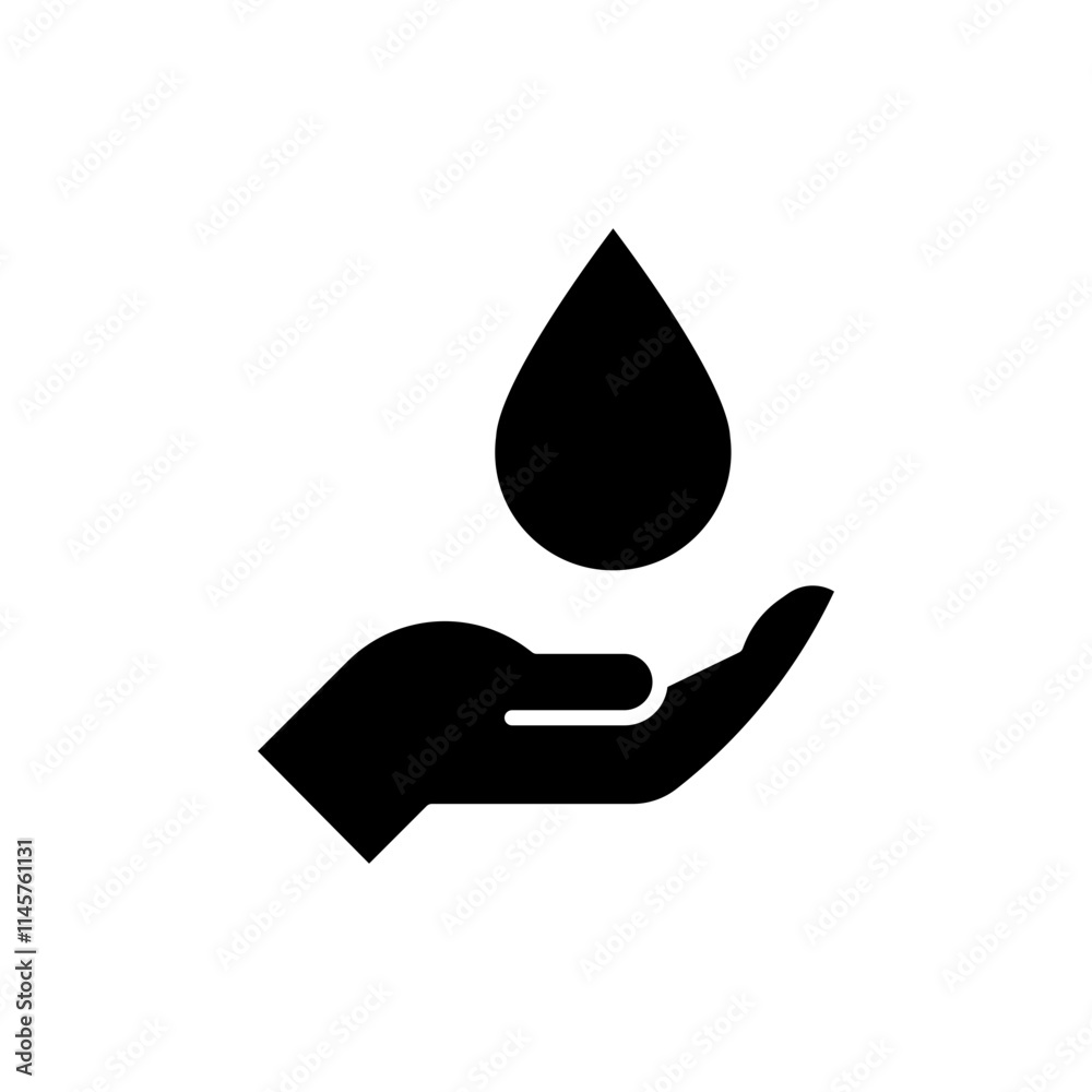 Save water icon. Simple solid style. Hand with water drop, hygiene, clean, energy, care, purity, sea, health, environment concept. Black silhouette, glyph symbol. Vector illustration isolated. Save water icon. Simple solid style. Hand with water drop, hygiene, clean, energy, care, purity, sea, health, environment concept. Black silhouette, glyph symbol. Vector illustration isolated.