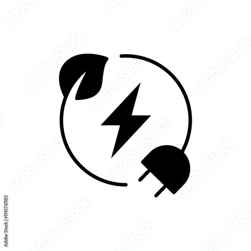 Green eco energy icon. Simple solid style. Clean power, transition, lightning in circle with plant leaf and plug, renewable concept. Black silhouette, glyph symbol. Vector illustration isolated.